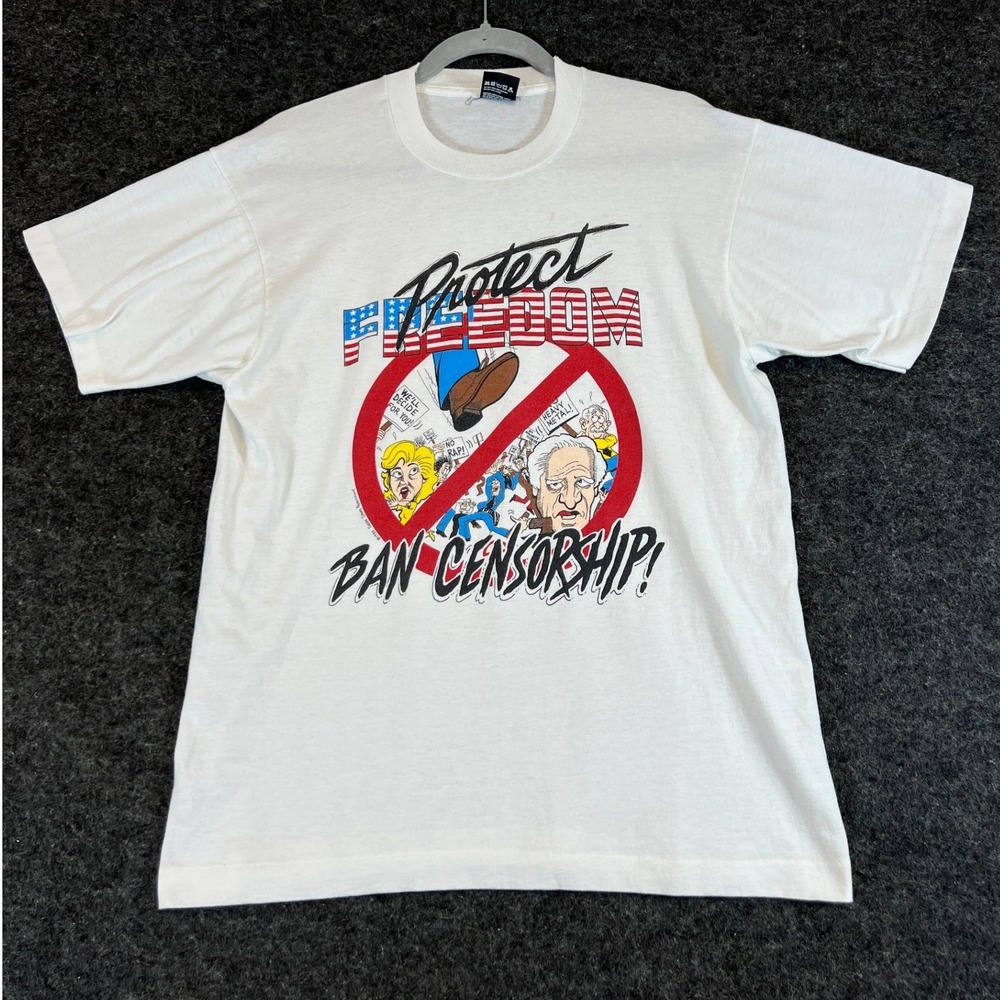 Vintage 1990 Protect Freedom Ban Censorship T-Shirt Screen Stars Best White L